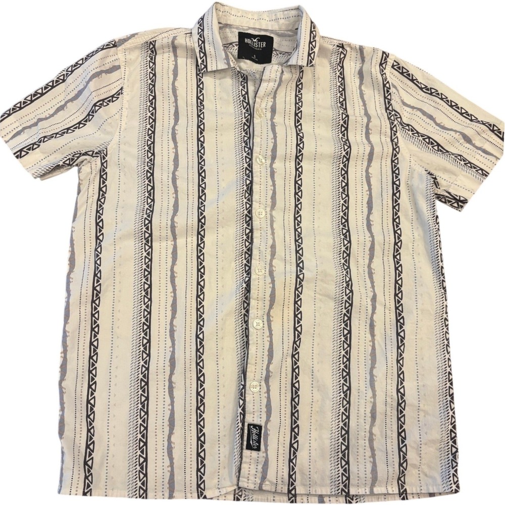 Hollister Mens Small Short Sleeve Button Down White Geometric Tribal Stripe
